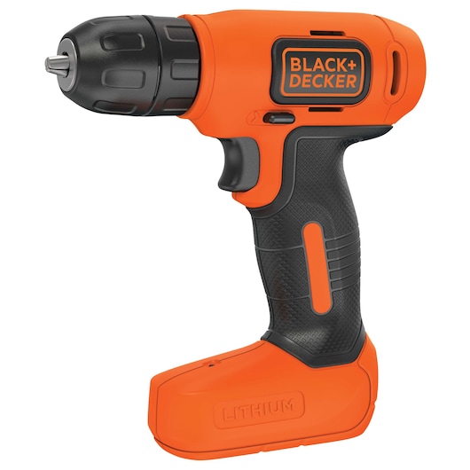 Photo of BLACK+DECKER LD008 cordless drill with orange and black body, lithium battery, right side angle on white background.