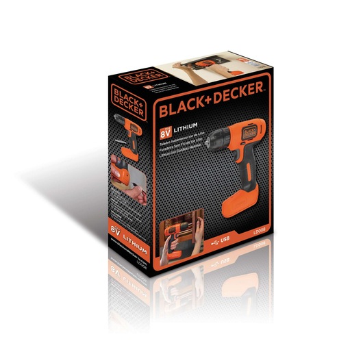 Box packaging of a BLACK+DECKER cordless lithium ion drill, model LD008, featuring images of the orange and black drill and its usage. The box displays the 8V lithium power and USB charging.