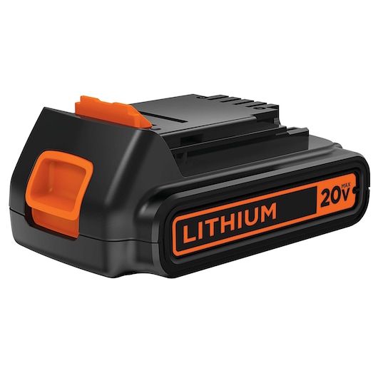 BLACKDECKER BCK21S1S 20V max lithium battery, black and orange, tool battery, angled photo on white background.