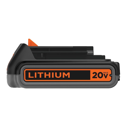BLACKDECKER BCK21S1S lithium ion battery, 20V max, side view, black and orange, white background.