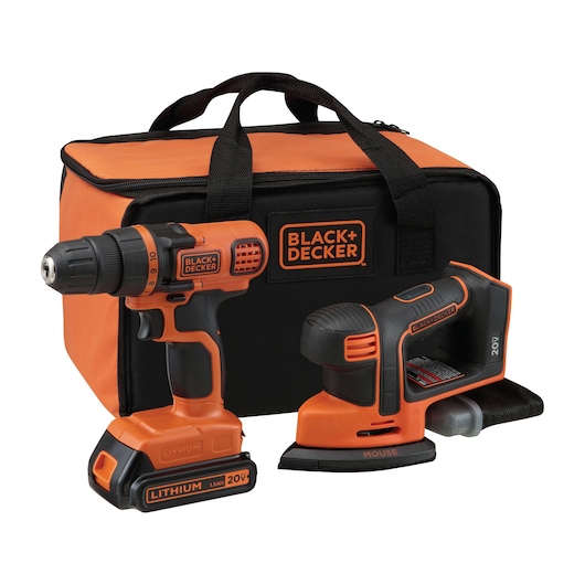 BLACKDECKER LD120SB cordless drill and sander kit with black and orange carrying bag, front angle on white.