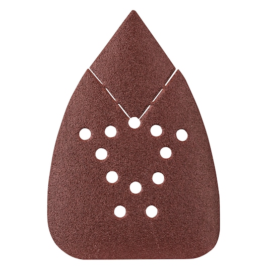 BLACKDECKER LD120SB brown triangular sanding pad with multiple holes, front angle, on white background.