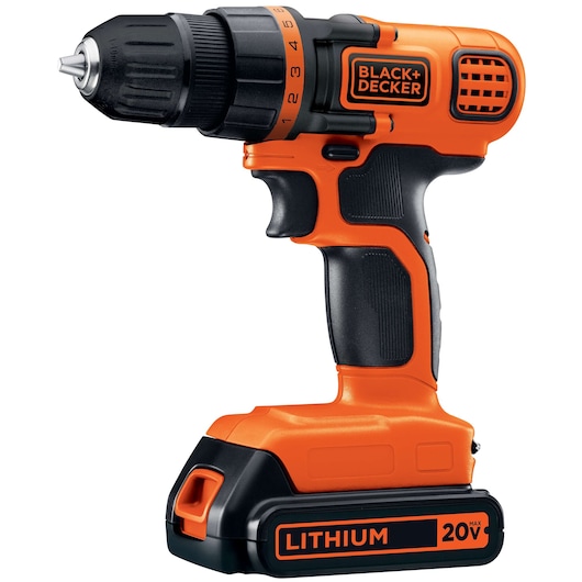 Photo of BLACK+DECKER LD120 orange and black cordless drill, side view on white background.