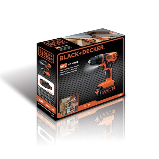 Product packaging for a BLACK+DECKER 20V Lithium cordless drill, model LD120. The box shows the orange and black drill with battery, LED light, and images of the tool being used for construction. Brand and specifications are prominently displayed.