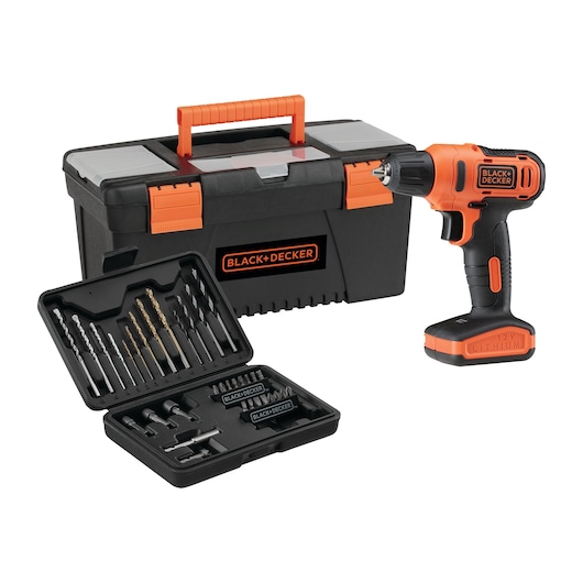 BLACK+DECKER LD12BA cordless drill with orange and black toolbox and drill bit set, front angle.