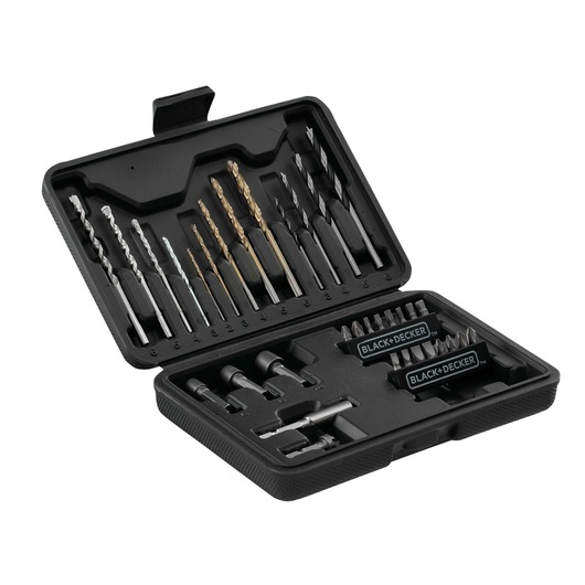 BLACK+DECKER LD12BA drill bit and screwdriver bit set in black case, open view with assorted bits organized inside.