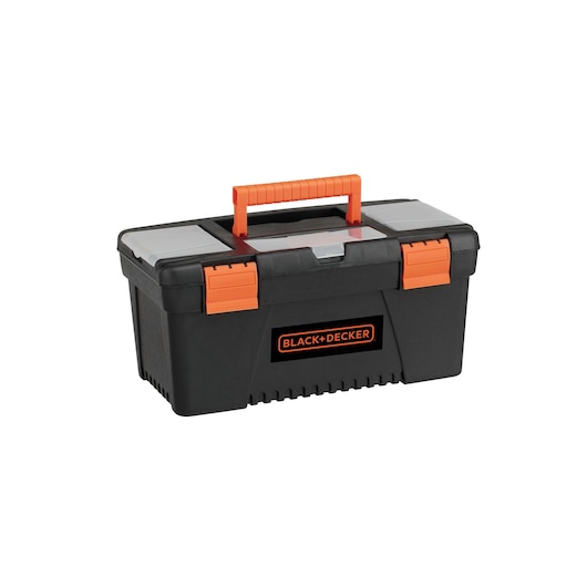 BLACK+DECKER LD12BA black and orange plastic toolbox with orange handle and latches, front angle on white background.