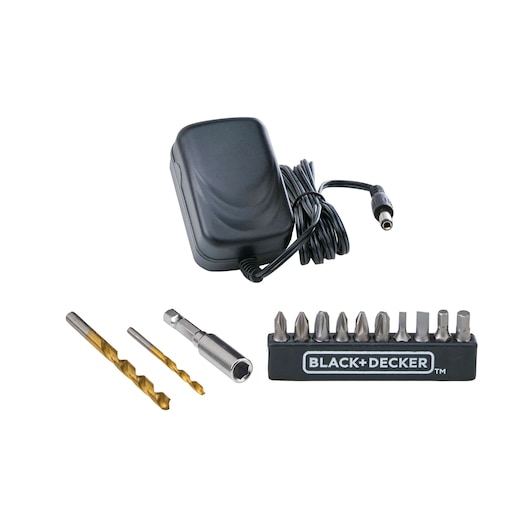 BLACKDECKER LD12SP cordless drill set with charger, drill bits, and screwdriver bits, front angle