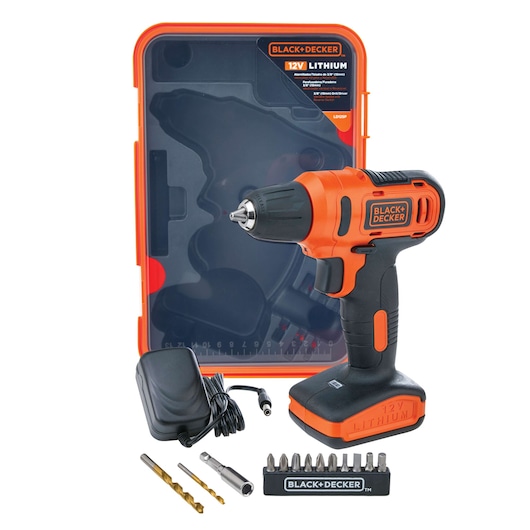 BLACK+DECKER LD12SP cordless 12V lithium drill with charger, case, drill bits, and screwdriver bits, front view on white background.