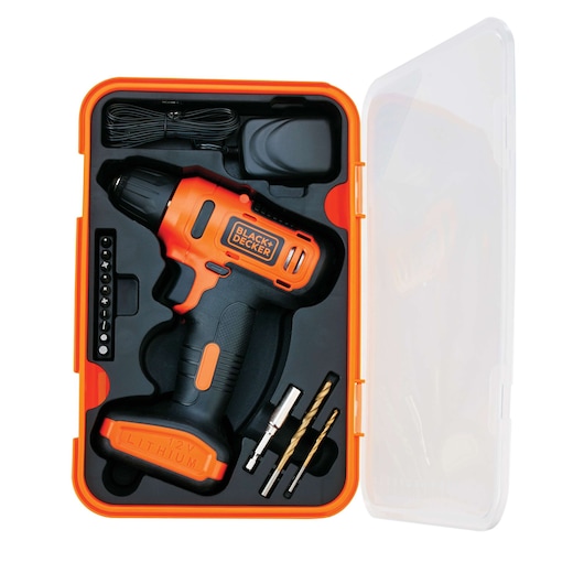 BLACKDECKER LD12SP cordless drill kit with orange and black drill, bits, charger, and accessories in open case, top view.