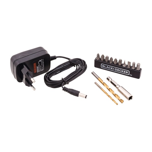 BLACK+DECKER LD12SP charger with power adapter, drill bits, driver bits, and bit holder, front angle on white.