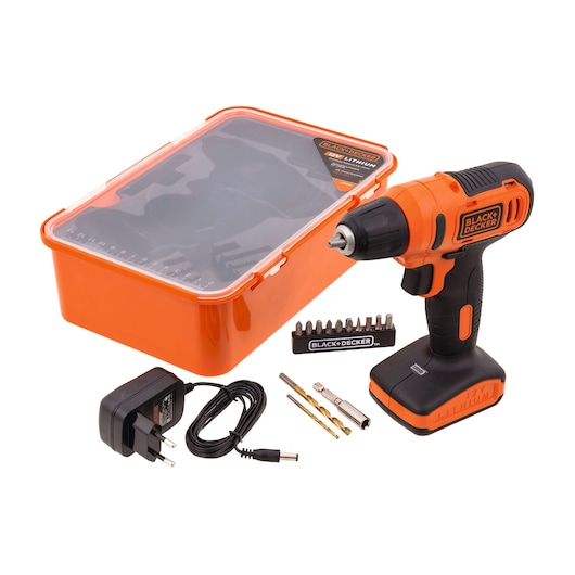 BLACK+DECKER LD12SP cordless drill with orange carrying case, charger, drill bits, and screwdriver bits, front angle.