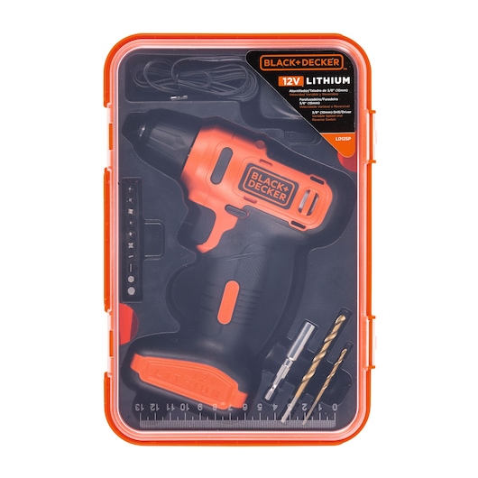 BLACK+DECKER LD12SP cordless drill set in orange case, includes drill, bits, charger, and accessories, top view.