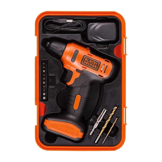 BLACKDECKER cordless drill LD12SP kit with drill bits, charger, screwdriver bits, and orange carrying case, top view.
