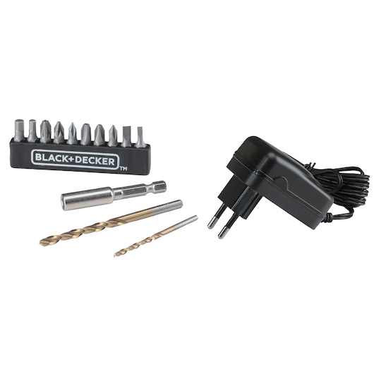 BLACKDECKER LD12S drill bit set, screwdriver bits, adapter and charger, white background, front angle