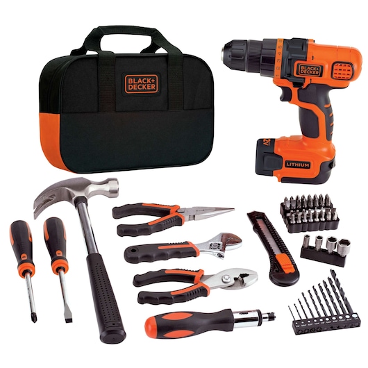 BLACKDECKER LDX112PK tool kit with cordless drill, hand tools, drill bits, screwdriver bits, and carrying bag, front view.