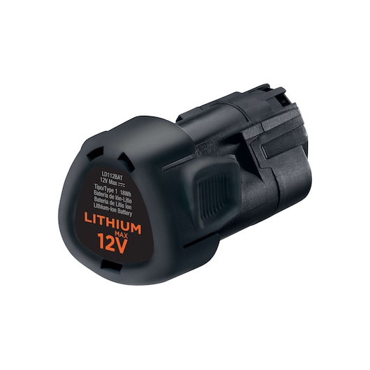 BLACKDECKER 12V lithium-ion battery LD112PK, black, angled view on white background.