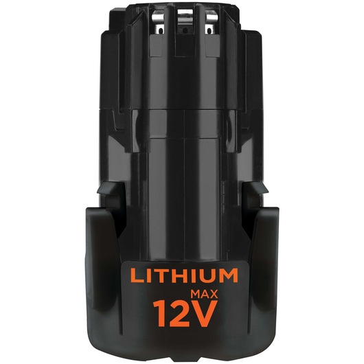 BLACKDECKER LDX112PK black 12V lithium battery, upright front view on white background.