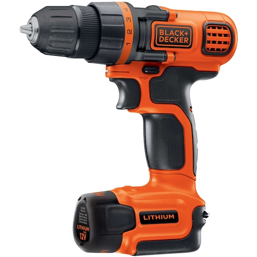 BLACKDECKER LDX112PK cordless drill in orange and black, lithium 12V, side angle, white background.