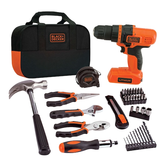 BLACK+DECKER LDX172PK tool kit with drill, carrying bag, hammer, tape measure, pliers, cutters, screwdriver bits, and accessories, front angle.