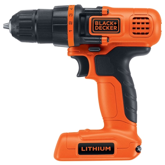 BLACKDECKER LDX172PK cordless orange lithium drill, side angle, black grip and adjustable torque ring.