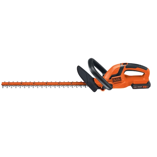 Photo of BLACKDECKER LHT2220 cordless orange and black hedge trimmer, side view on white background.