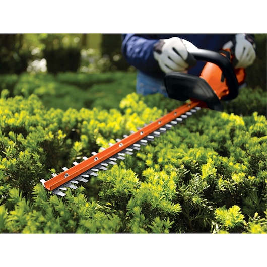 BLACK+DECKER LHT2220 cordless hedge trimmer in use, bright orange body, cutting green shrubs outdoors.