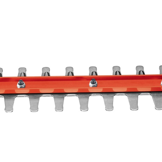 BLACKDECKER LHT2220 hedge trimmer blade close-up, silver teeth and orange guard, straight-on view.