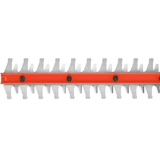 BLACKDECKER LHT2220 hedge trimmer blade close-up, silver serrated edges, orange bar, white background.
