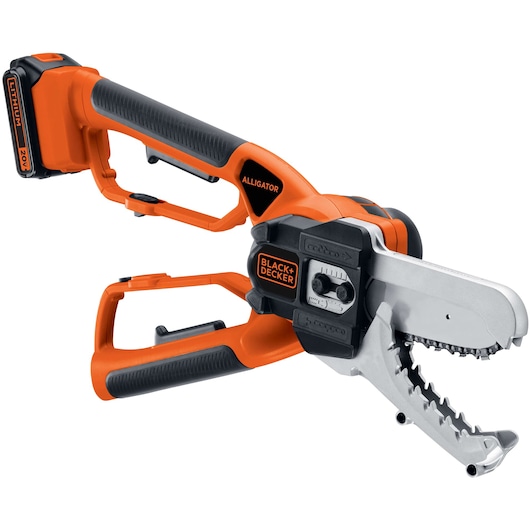 BLACKDECKER LLP120 cordless alligator lopper, orange and black, side angle on white background.