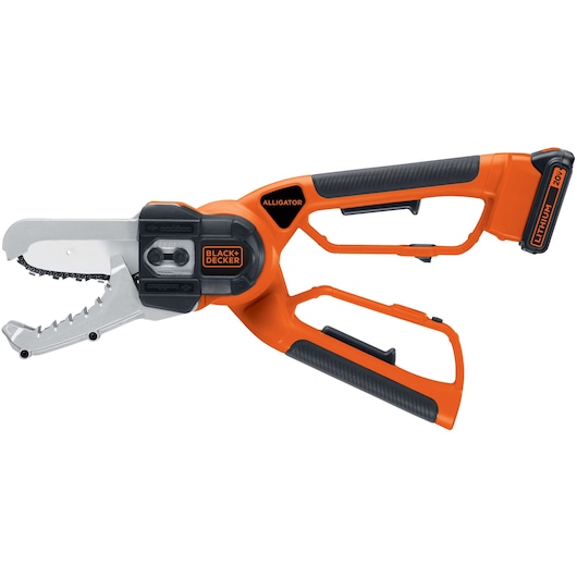 BLACKDECKER LLP120 cordless orange alligator lopper with black grips, side angle on white background.