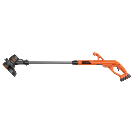 Photo of BLACKDECKER LST201 orange cordless string trimmer, side angle, white background.