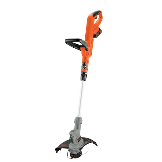 BLACKDECKER LST300 orange and gray cordless string trimmer, side view, on white background.