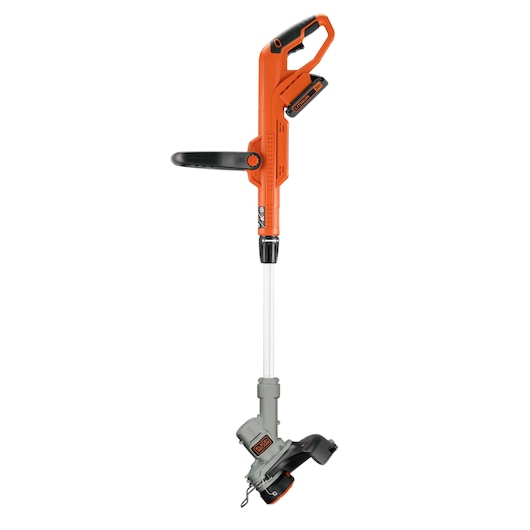 BLACKDECKER LST300 orange cordless string trimmer, side view, with battery and adjustable handle.