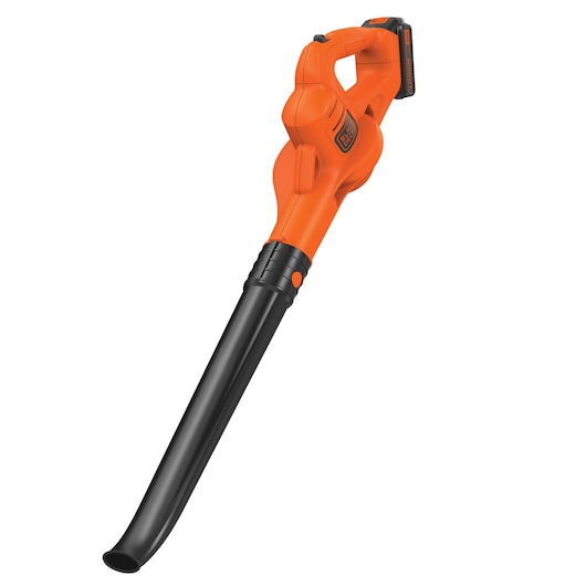 BLACKDECKER LSW221 cordless leaf blower, orange and black, product side angle on white background.