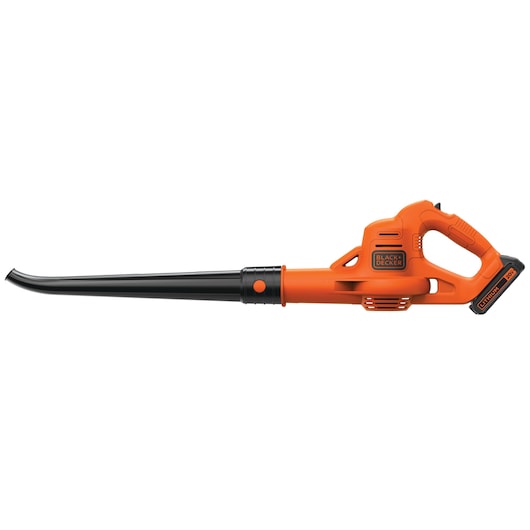 BLACKDECKER LSW221 orange cordless leaf blower, side view, with black nozzle and 20V lithium battery.