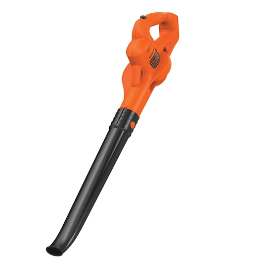 BLACKDECKER LSW221 orange and black cordless leaf blower, side angle on white background.