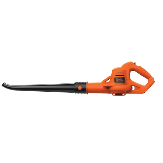 BLACK+DECKER LSW221 orange cordless leaf blower side view, black nozzle, ergonomic handle, white background.