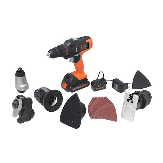 BLACKDECKER MTX20K6A cordless drill kit with multiple attachments and sanding pads, side angle photography.