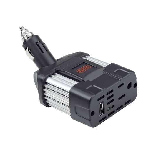 BLACKDECKER PI100LA power inverter, black and silver, angled view, USB port and AC outlets visible.