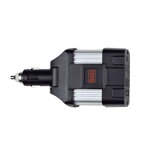 BLACKDECKER PI100LA portable car power inverter, black and silver, front angle on white background.
