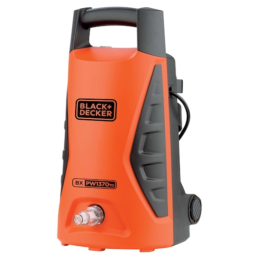 Photo of BLACK+DECKER PW1370TD orange pressure washer, angled view, black side panel and handle.