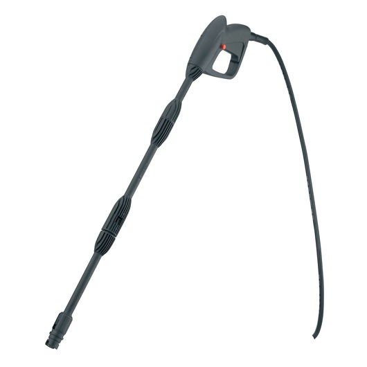 BLACKDECKER PW1370TD black pressure washer trigger gun, side angle, with hose and ergonomic handle