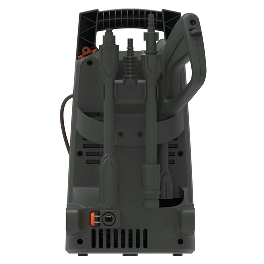 BLACKDECKER PW1370TD pressure washer rear view, dark casing, handle and attached accessories.
