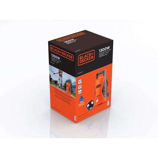 Photo of BLACK+DECKER PW1370TD pressure washer box with orange design on white background, front angle.