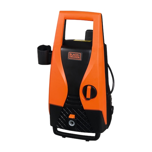 Photo of BLACKDECKER PW1450TD pressure washer in orange and black, front angle on white background.