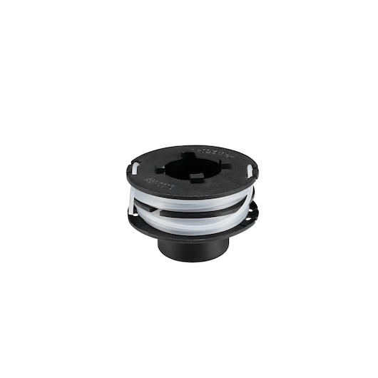BLACKDECKER GL350 trimmer spool with white line, side angle, on white background.