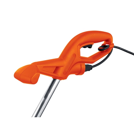 Photo of BLACKDECKER ST4500 orange electric string trimmer handle, close-up, visible power cord, white background.