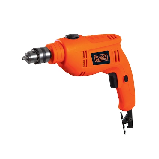 Photo of BLACK+DECKER TB550 electric orange corded drill, side angle on white background.
