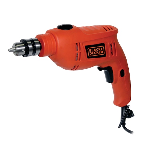 Photo of BLACKDECKER TB555 orange corded electric drill, side angle, black trigger and metal chuck.